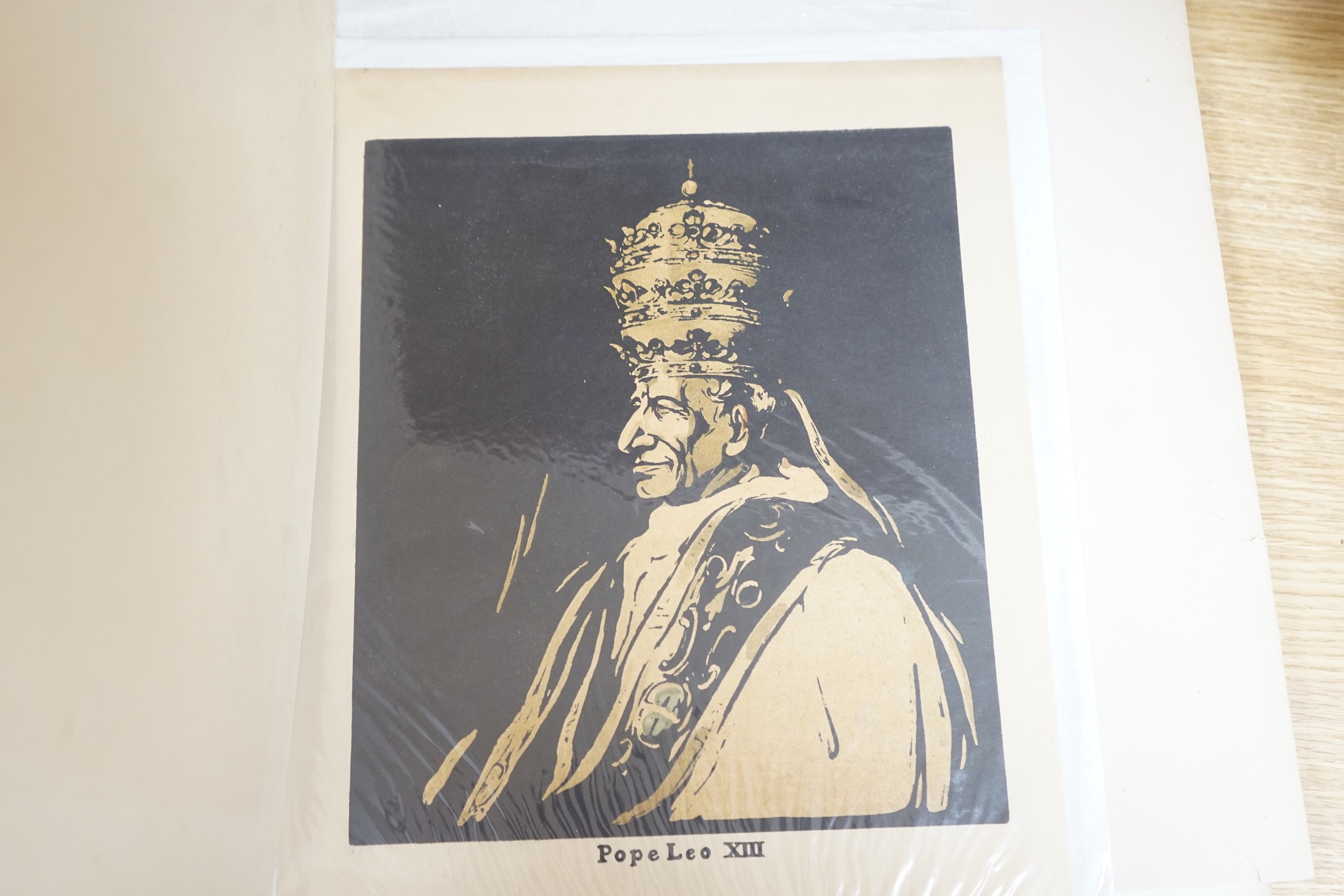 William Nicholson (1872-1949), incomplete folio, 'Twelve Portraits' 1899, now housing Beefeater, Henrik Ibsen, Lord Roberts, Pope Leo XIII, Joseph Chamberlain, Sir Henry Hawkins, Queen Victoria, President McKinley and Wh